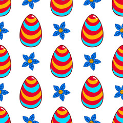 Seamless pattern with vector cartoon Easter eggs and flower