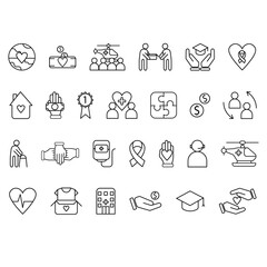 Vector thin line icons related with humanitarian causes - volunteering, adoption, donations, charity, non-profit organizations.