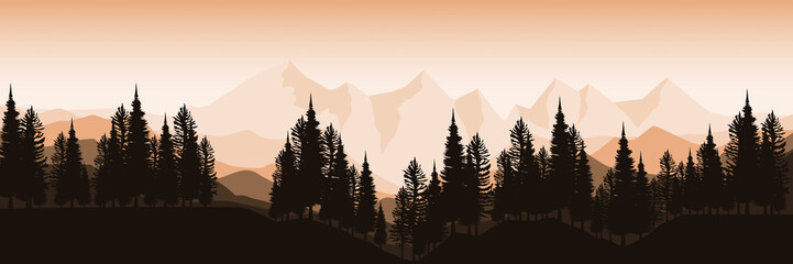 mountain forest landscape illustration in flat design style good for wallpaper, banner, background, backdrop, travel, hiking, adventure,  