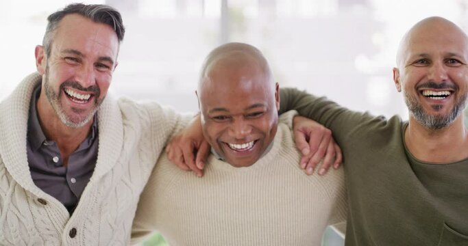 Portrait of a group of diverse men standing together in unity while smiling, laughing and showing strength in their bond or brotherhood. Biracial group of friends expressing happiness and friendship