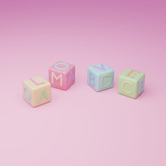 Educational children's toys, love letters on cubes on a pale pink background, Digital clay illustration