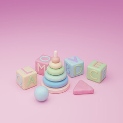 educational children's toys, cubes, pyramid on a pale pink background Digital clay illustration