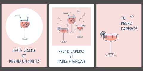 Vector set of postres cards with cocktails. Apero text in french. Posters collection in inimalistic style with drinks. Bar concept. Aperol spritz art. a4 printable template