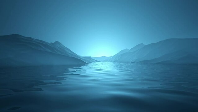 Blue Hazy 3D Rendered Terrain Landscape with Looping Calm Water