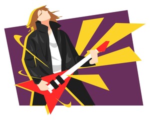 illustration of guitarist playing guitar, bass instrument. musician. rock star. purple and yellow background. themes of hobbies, work, music, bands, etc. flat vector.
