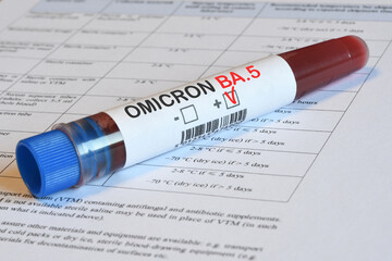 Blood tube for test detection of Virus Covid-19 Omicron BA.5 Variant with positive result on papers...