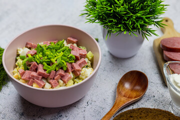 Okroshka - russian national food with meat, potato, kvass or kefir, radish and parsley on white background