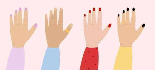 Women equality concept, break stereotype towards women.
Break the bias trendy illustration with woman hands together.
Female power and diversity.