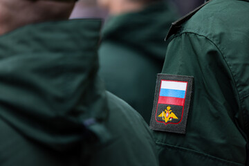Russian soldiers. Russian army recruits. Russia Ministry of Defence emblem. Military chevron. Soldier uniform. Military service officers