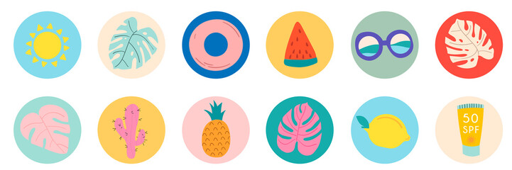 Set of colorful summer icons with tropical leaves, fruits, sunglasses, sun cream. Vector hand drawn. Modern summer set.