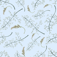 Floral seamless pattern with meadow delicate leaves on blue background. Botanical illustrations for scrapbooking, wallpapers, textile, packaging, fashion, background.