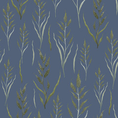 Botanical seamless pattern with green delicate leaves on blue background. Floral illustrations for scrapbooking, wallpapers, textile, packaging, fashion, background.