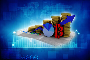 3d rendering bitcoin sign currency in gold coin near graph