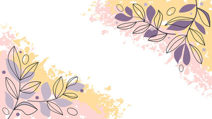 A simple background in a minimalist style in pastel colors, plant branches in outline and silhouette, large spots around the edges and space for text on a white isolated background.