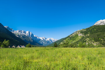 Albanian Alps view. Accursed Mountains landscape viewed from Valbona and Theth hiking trail in Albania, popular hiking trail in the Albanian Alps.