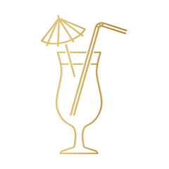golden outline icon of beverage, coctail,  juice, nonalcoholic drink with umbrella and straw- vector illustration