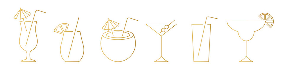 set of golden line icons of beverage, coctail,  juice, nonalcoholic drink with umbrella, straw, lemon and olives - vector illustration