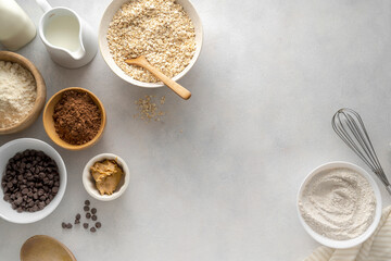 Chocolate oats brownies ingredients, cooking pastry, muffins, baking process, oat flour in bowls,...