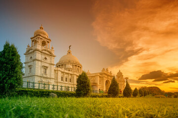 Fototapeta premium Sunset at Victoria Memorial, Kolkata , Calcutta, West Bengal, India . A Historical Monument of Indian Architecture. Built to commemorate Queen Victoria's 25 years reign in India.