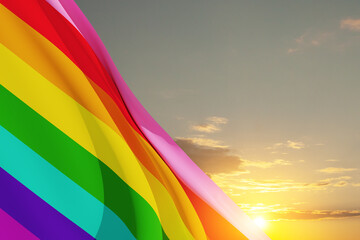 Waving LGBT pride flag on the blue sky, rainbow flag background. Multicolored peace flag movement.