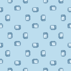 Retro TV engraved seamless pattern. Vintage television background in hand drawn style.