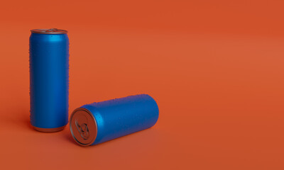 3d illustration ,two blue cans, red background, copy space ,3d rendering