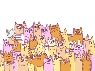 Cats background vector colors illustration. Cute cartoon cats vector doodle hand drawn on white background