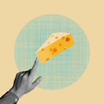 Naklejki The human hand holds the cheese. Modern art collage, contemporary design. Surreal concept poster.