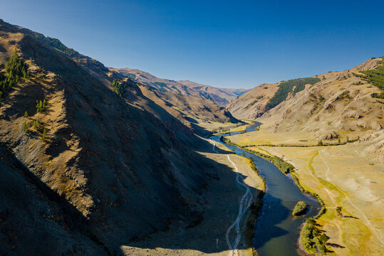 Mountain river valley from aerial view. Khovd river valley, Mongolia