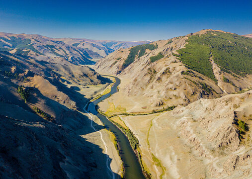Mountain river valley from aerial view. Khovd river valley, Mongolia