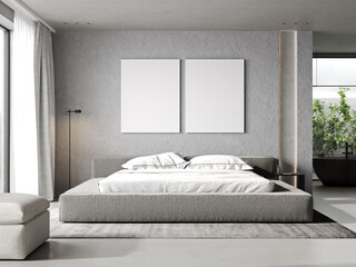 Two poster frames mockup in minimalist bedroom interior, gray tones, 3d rendering