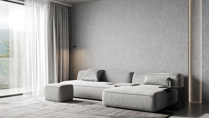 Modern light living room interior with gray sofa and empty concrete wall mockup, 3d illustration