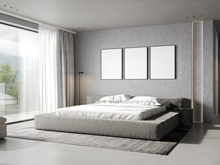 Mockup posters on light concrete wall with a cozy bed, stylish background, 3d render,