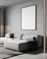 Big vertical mockup poster frame in minimalist living room interior with gray concrete wall and modern sofa, 3d rendering