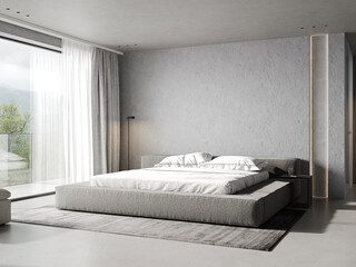 Luxury bright bedroom design, modern gray bed and elegant home accessories on concrete wall background, 3d render