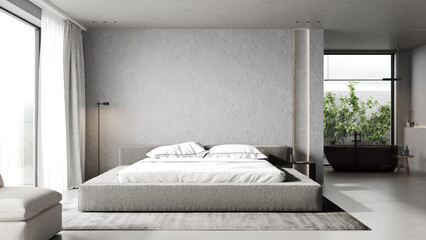 Minimalist bedroom interior design with big bed and concrete wall, 3d render