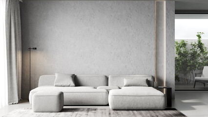 Stylish light living room interior with gray sofa, modern interior background, empty concrete wall mockup, 3d illustration