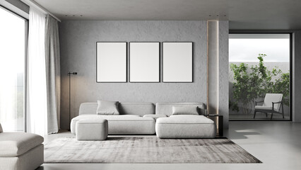 Empty poster frames on gray concrete wall in living room interior with modern furniture and big window, gray sofa, loft, 3d render © Liliia