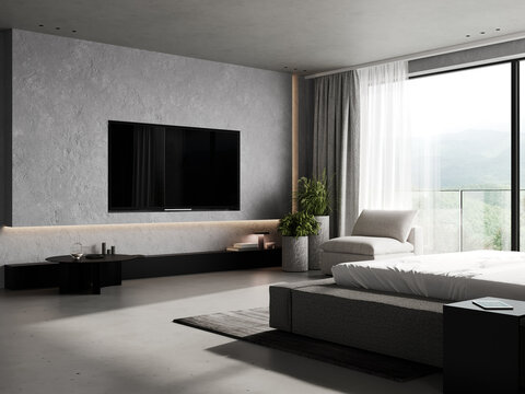 Wall With TV In Modern Bedroom Interior With Big Window And Bed, 3d Rendering