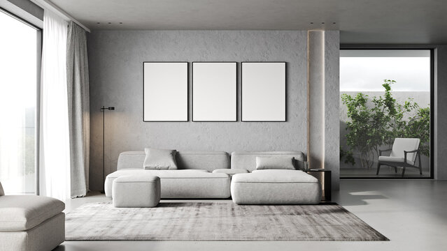Empty poster frames on gray concrete wall in living room interior with modern furniture and big window, gray sofa, loft, 3d render