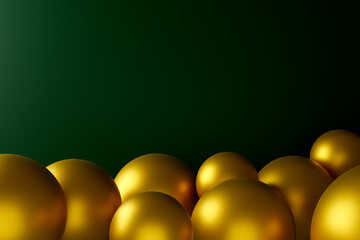 Elegant 3d green balloon background. Golden egg concept. Abstract bubble wallpaper. Image illustration.