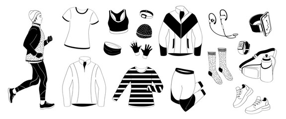 Women running and set elements about jogging in winter time, sportswear, stopwatch, sneakers, tracker, water bottle, headphones, winter hat, gloves Black outline vector 