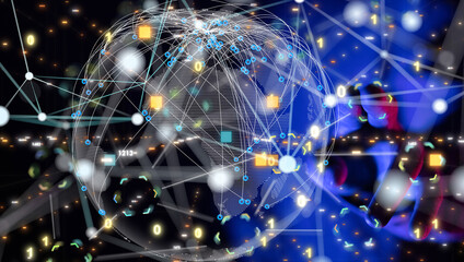 Obraz premium Global network. Blockchain. 3D illustration. Neural networks and artificial intelligence. Abstract