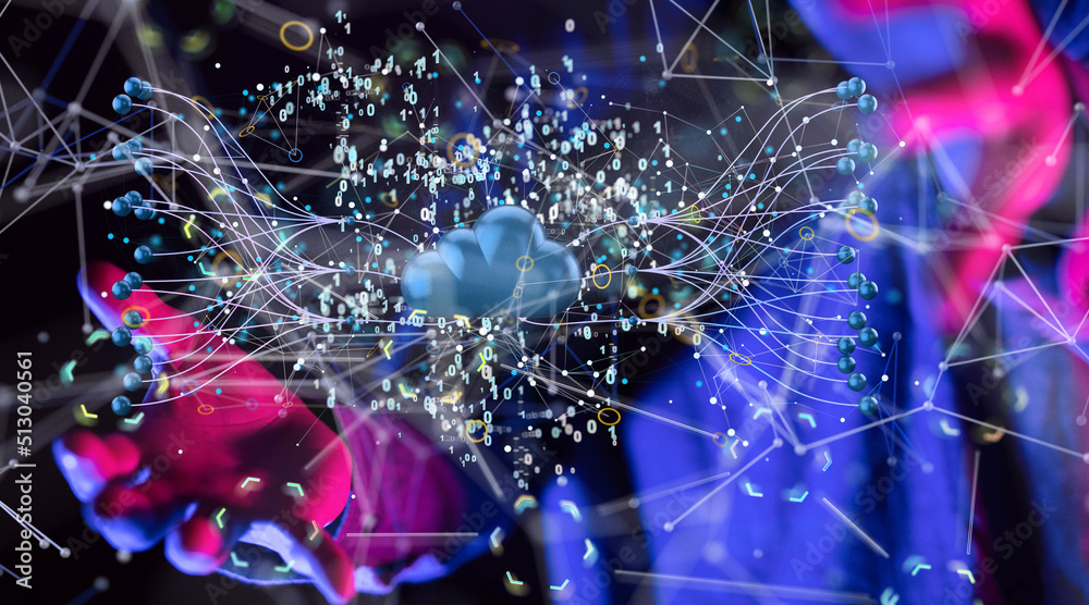 Poster Data cloud storage network from lines, triangles and particle style design.