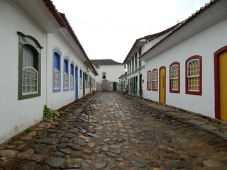 Street of historical center in Paraty, Rio de Janeiro, Brazil. Paraty is a preserved Portuguese colonial and Brazilian Imperial municipality