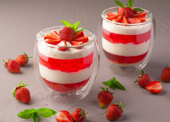 panna cotta dessert with strawberries in a glass bowl