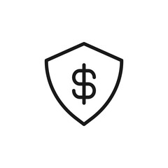 Business, money, finance concept. Vector signs drawn with black line. Suitable for adverts, web sites, apps, articles. Line icon of dollar inside of armor or shield