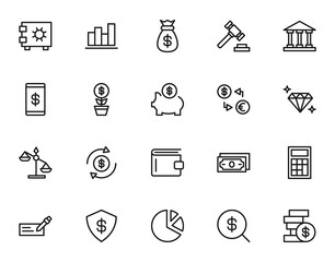 Business, money, finance concept. Vector signs drawn with black line. Line icon set with symbols of dollar, pie chart, money, wallet, progress, development, judge etc