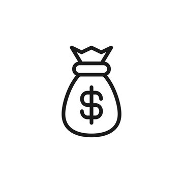 Business, money, finance concept. Vector signs drawn with black line. Suitable for adverts, web sites, apps, articles. Line icon of dollar on bag as symbol of money bag