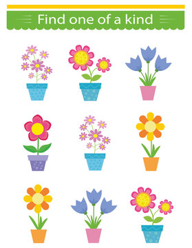 Puzzle game for kids. Task for development of attention and logic. Need to find one of a kind flower pot. Visual intelligence. Vector illustration
